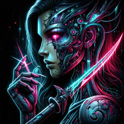 The primary subject of the image is a woman with a futuristic, cyberpunk appearance. She is wearing a glowing, pink and blue outfit, and her face is adorned with a mix of human and mechanical elements. The setting is a futuristic cityscape, with a backdrop of neon lights and a pink and blue color scheme. The visual style is a combination of digital art and illustration, creating a striking and unique image. The overall atmosphere is one of mystery and intr